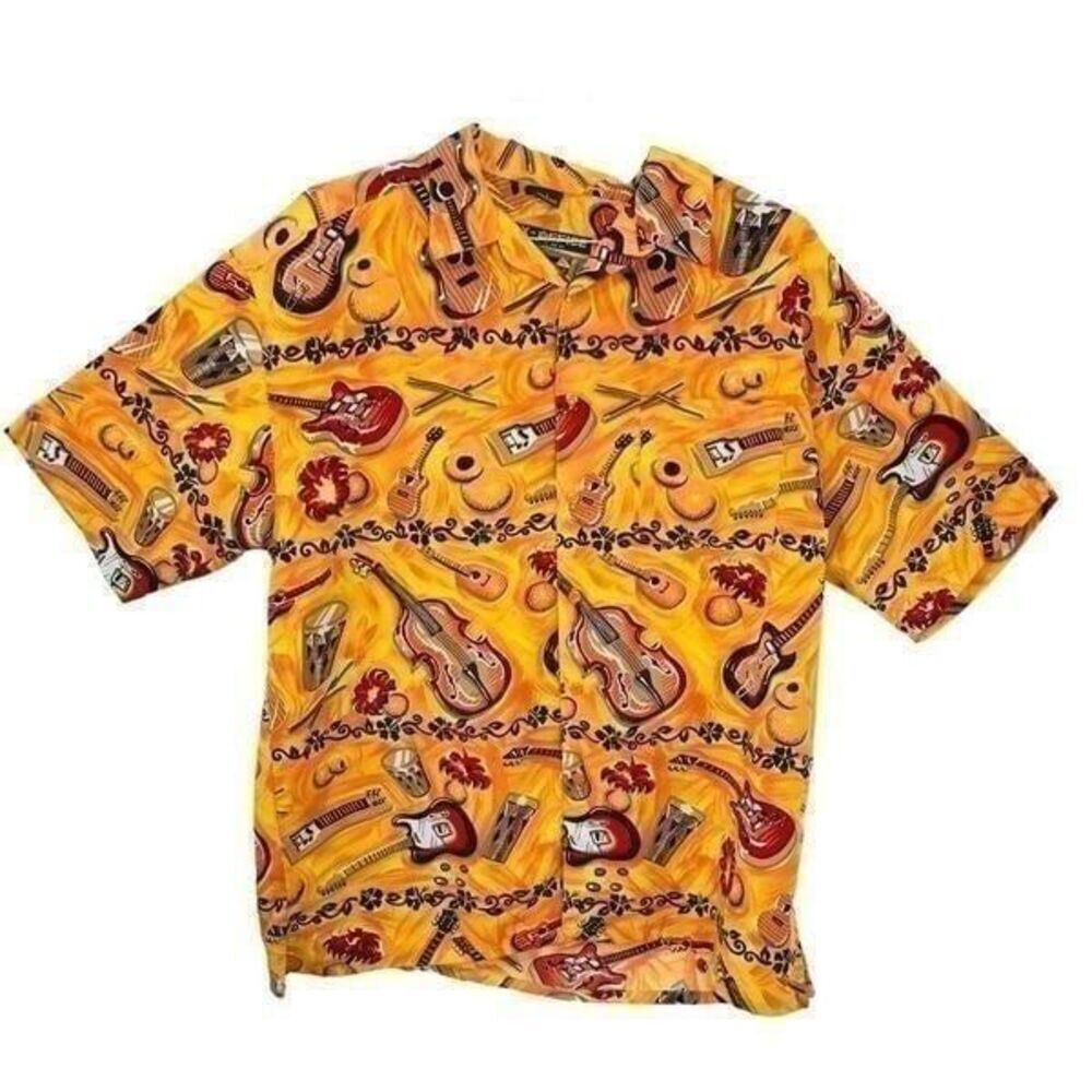 Box Office Island Men  Shirt Yellow Orange Guitar Hawaiian size L     A356